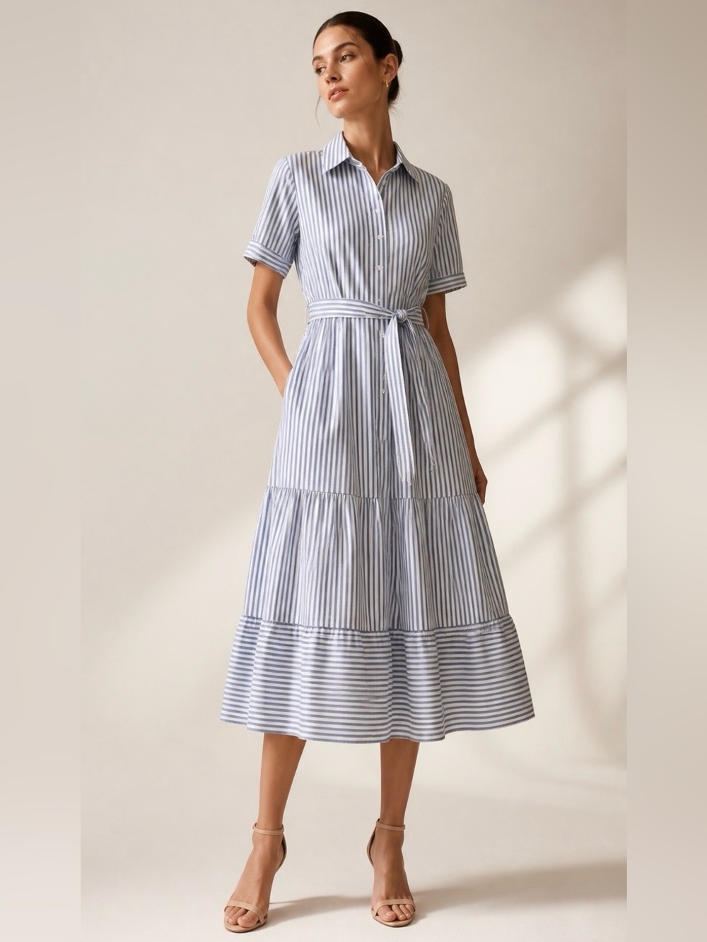 Striped Button-Front Midi Dress with Tie Waist - Blue/White